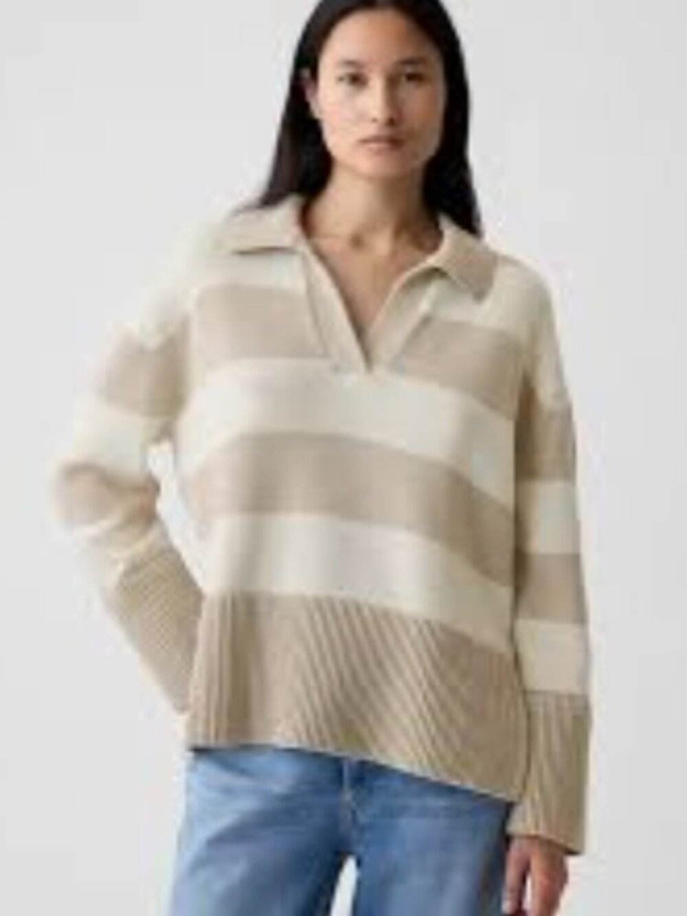Gap 24/7 Split-hem Polo Sweater Ivory Beige Stripe Women's Size XS